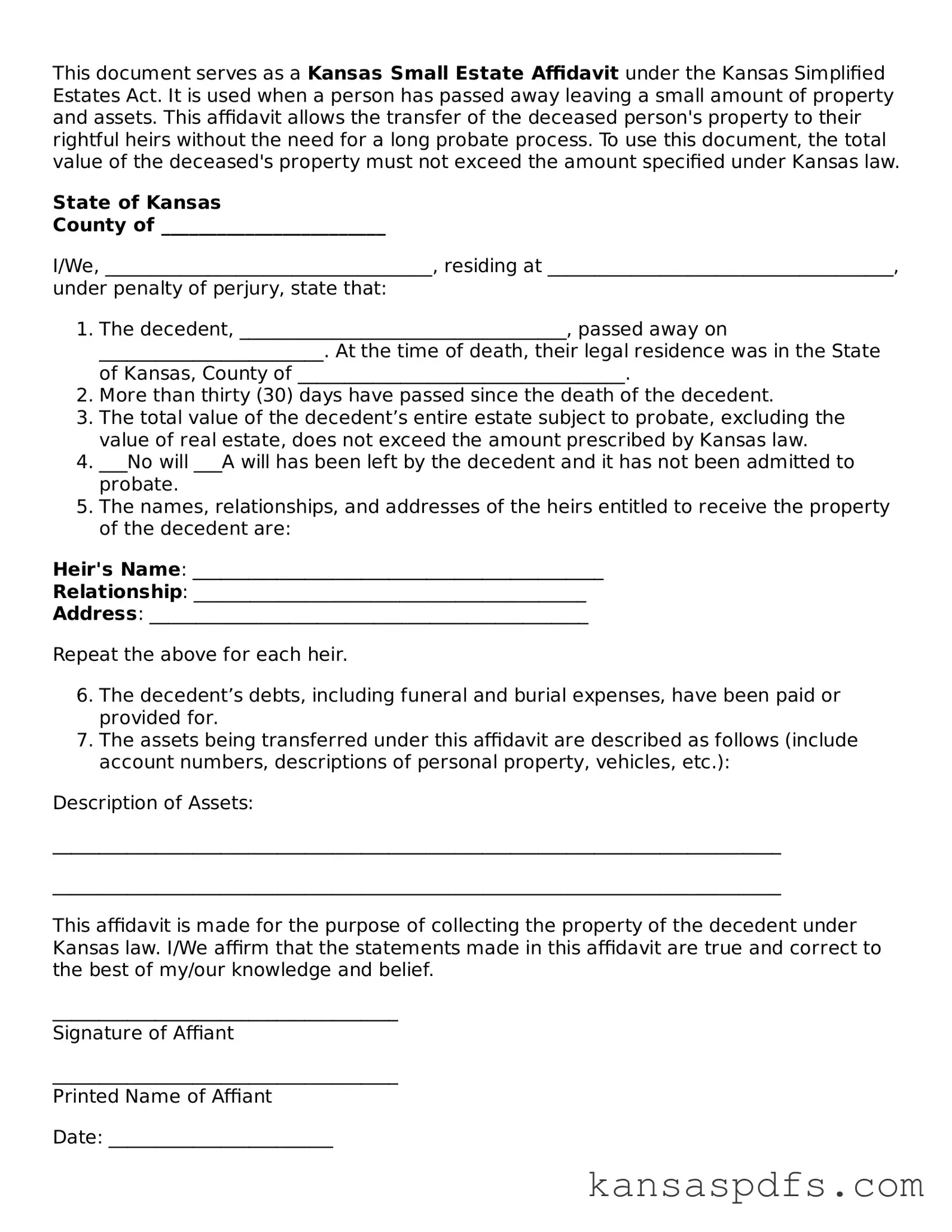 Blank Kansas Small Estate Affidavit Document