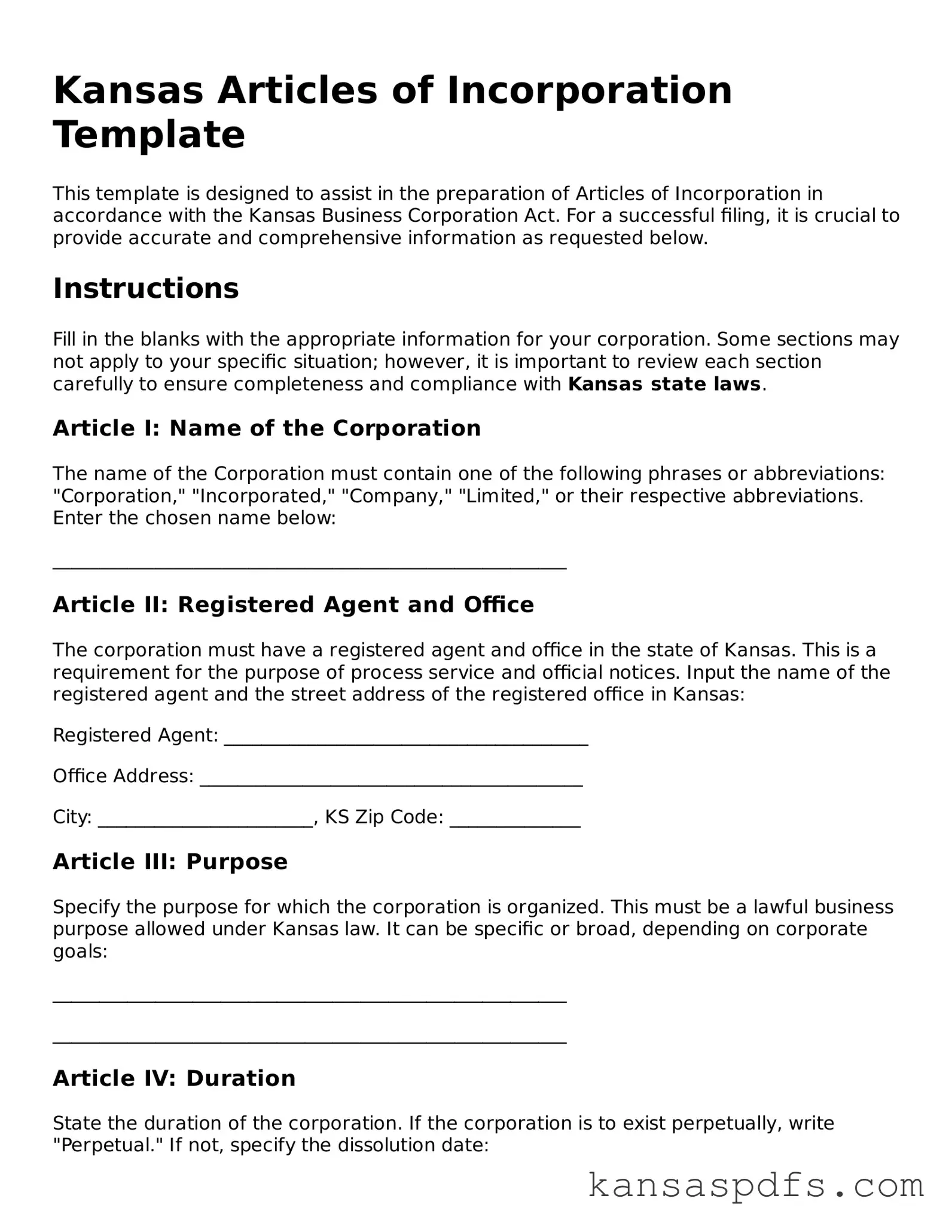 Blank Kansas Articles of Incorporation Document