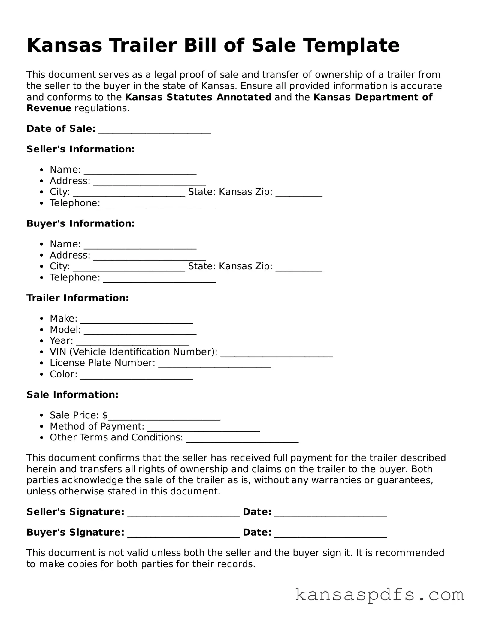 Blank Kansas Trailer Bill of Sale Document