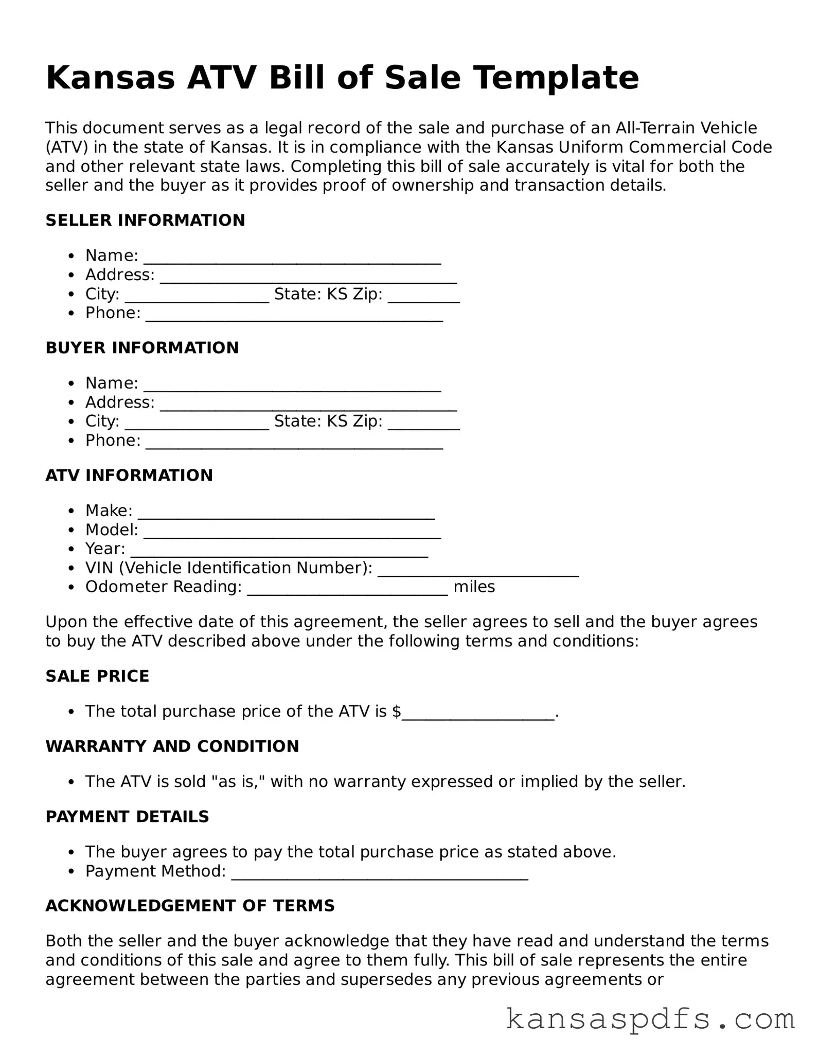 Blank Kansas ATV Bill of Sale Document