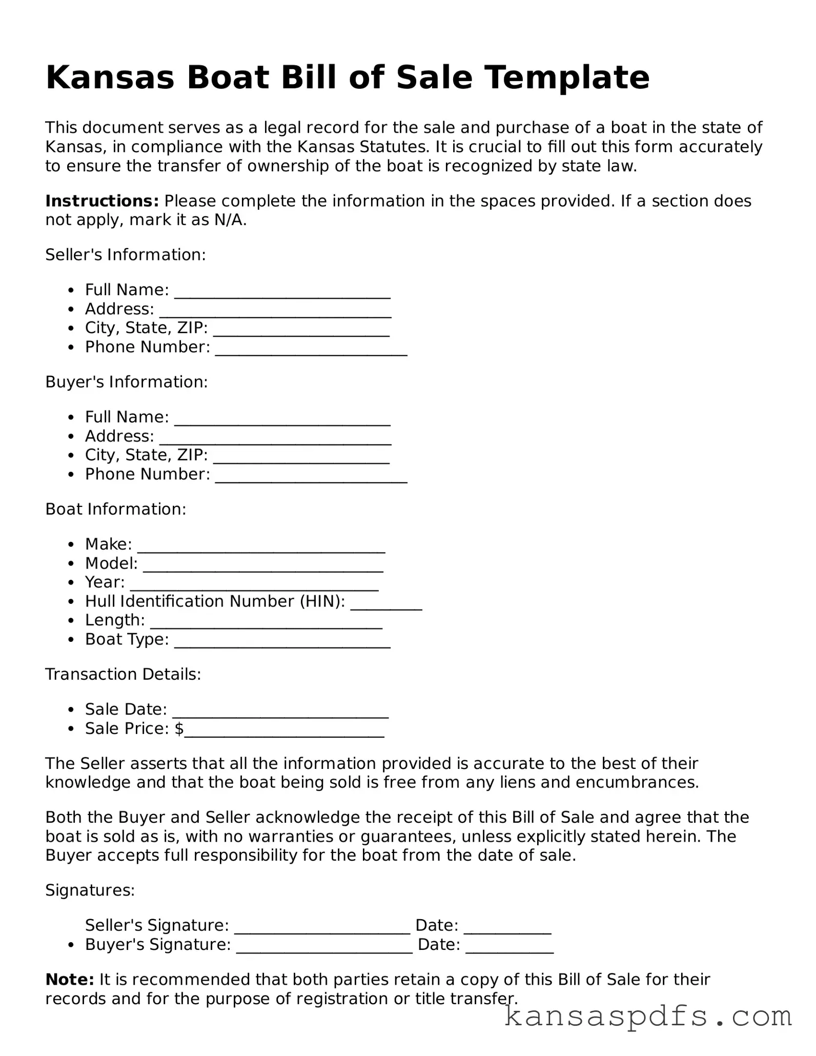 Blank Kansas Boat Bill of Sale Document