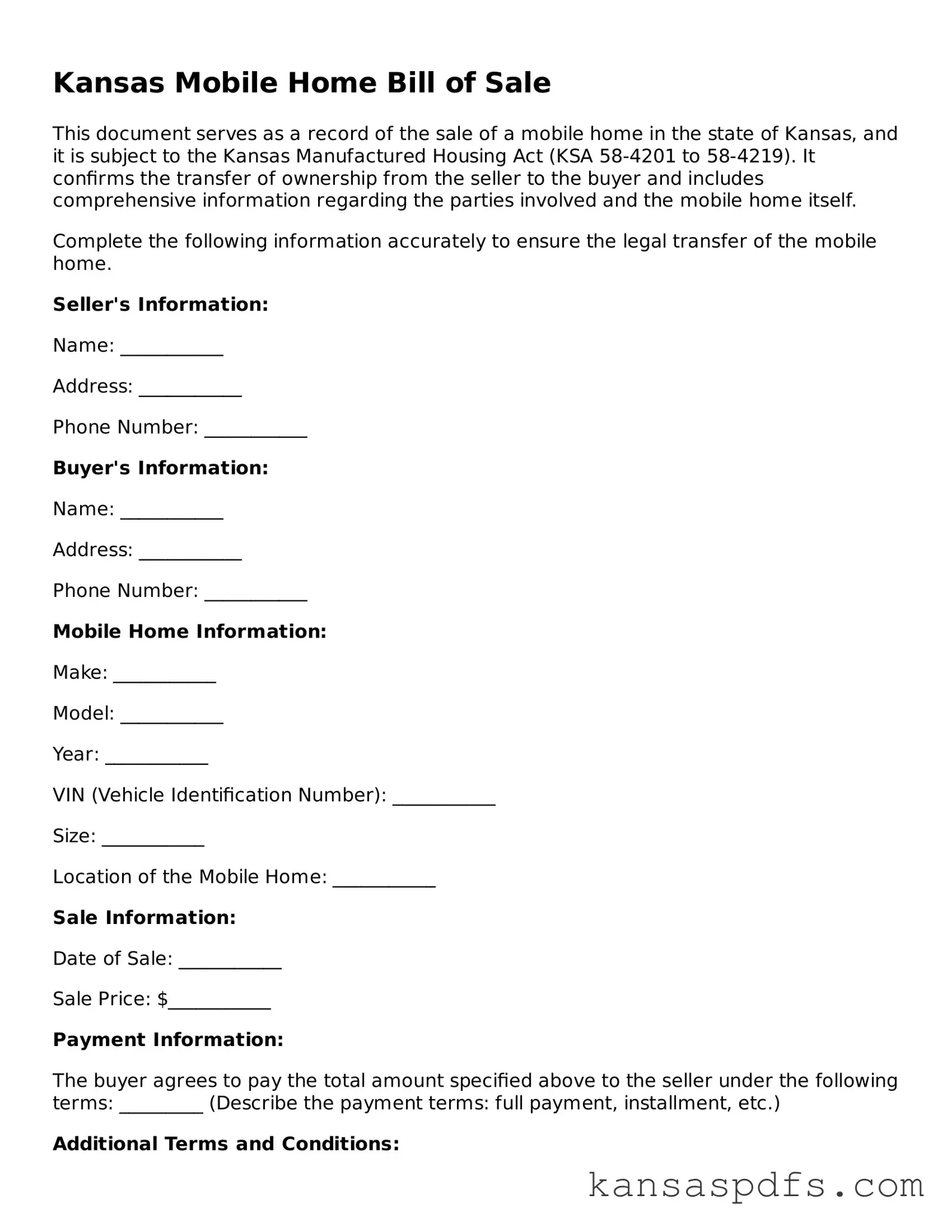 Blank Kansas Mobile Home Bill of Sale Document