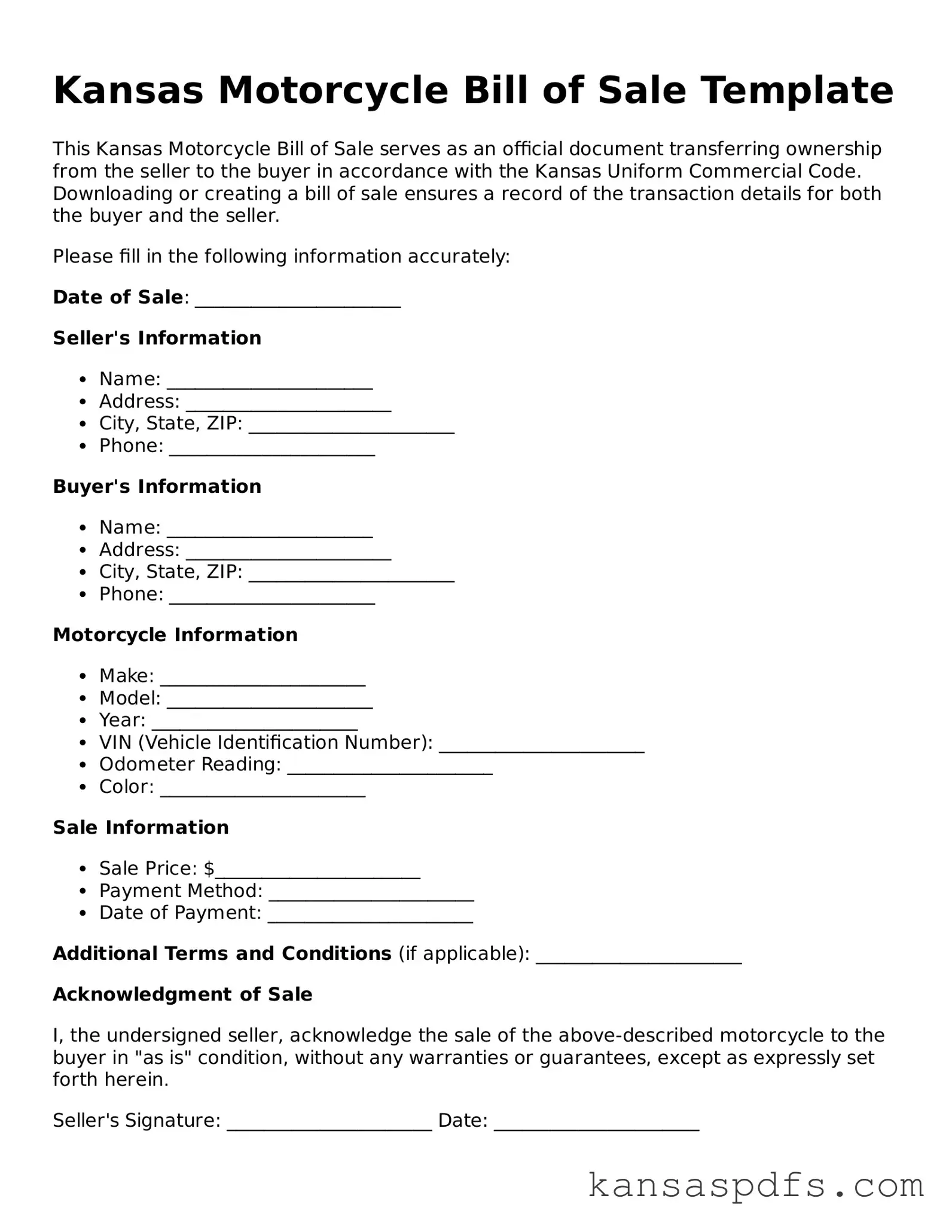 Blank Kansas Motorcycle Bill of Sale Document