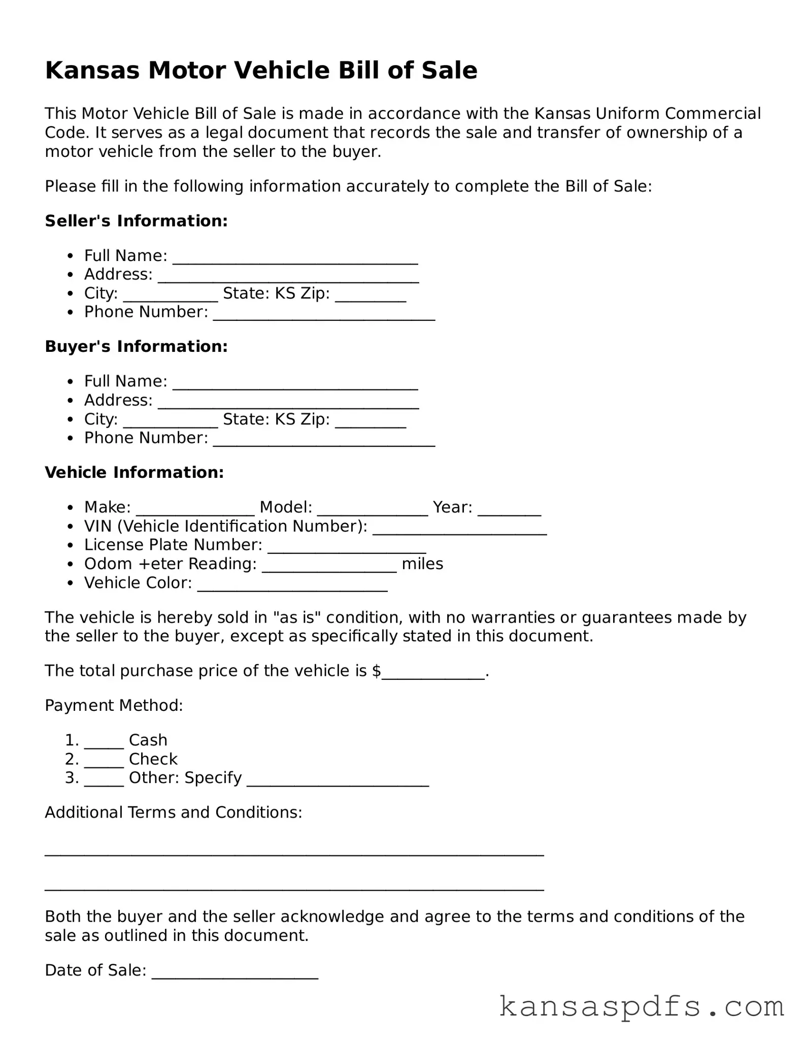 Blank Kansas Motor Vehicle Bill of Sale Document