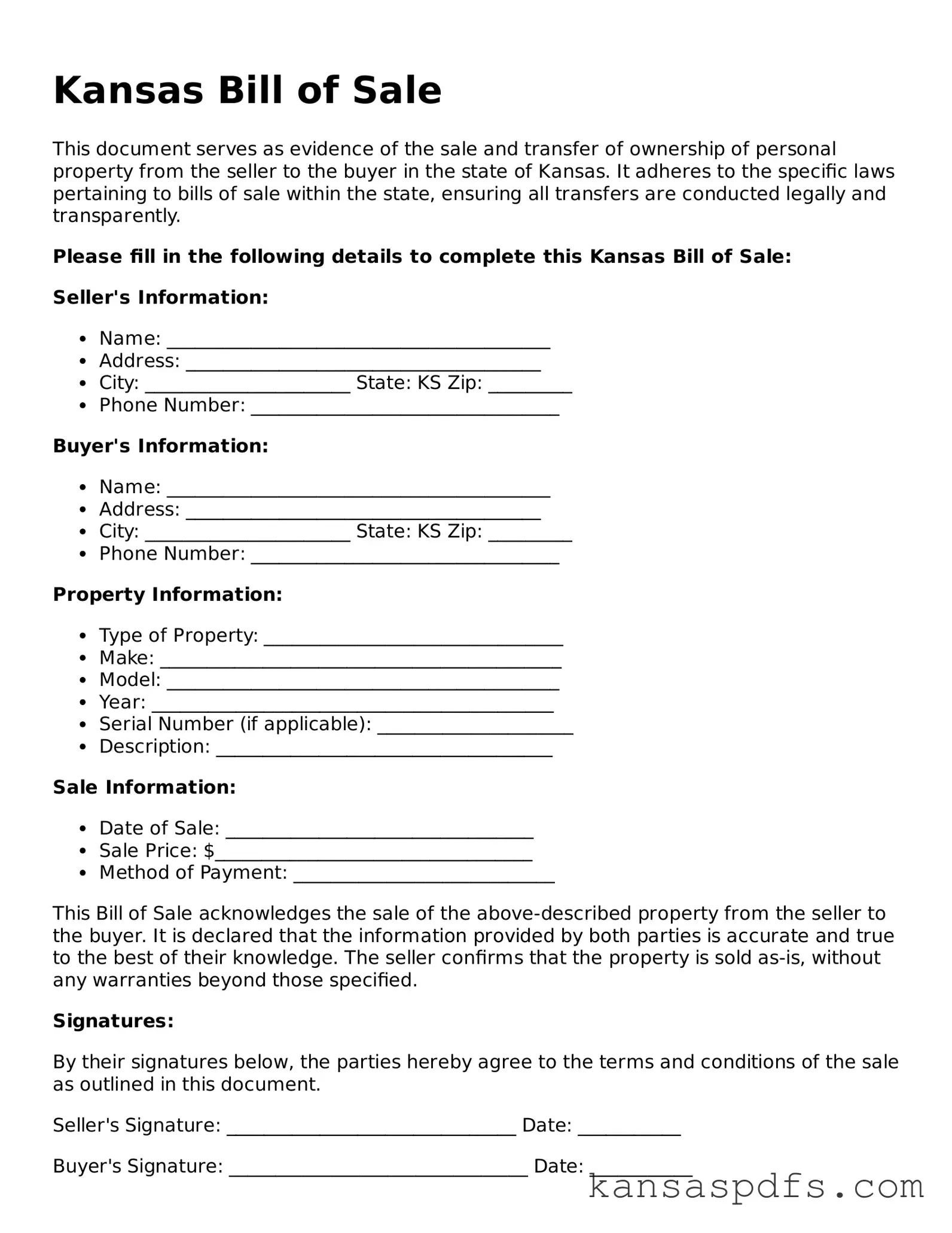 Blank Kansas Bill of Sale Document