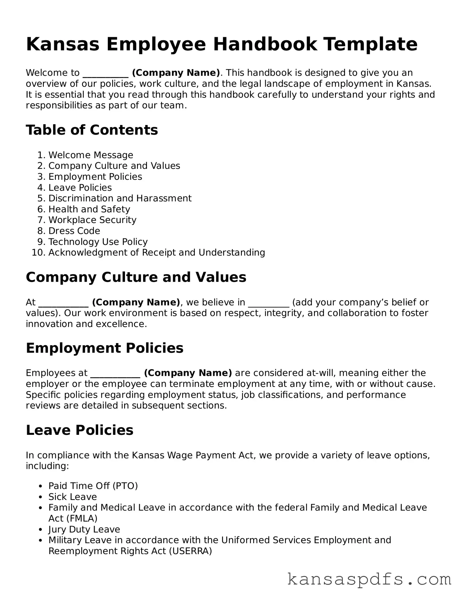 Blank Kansas Employee Handbook Document