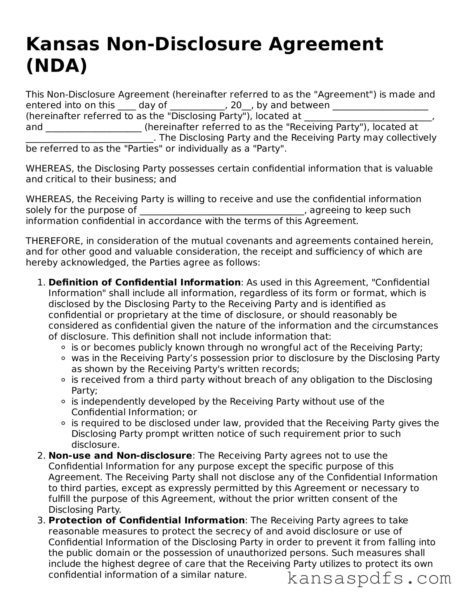 Blank Kansas Non-disclosure Agreement Document