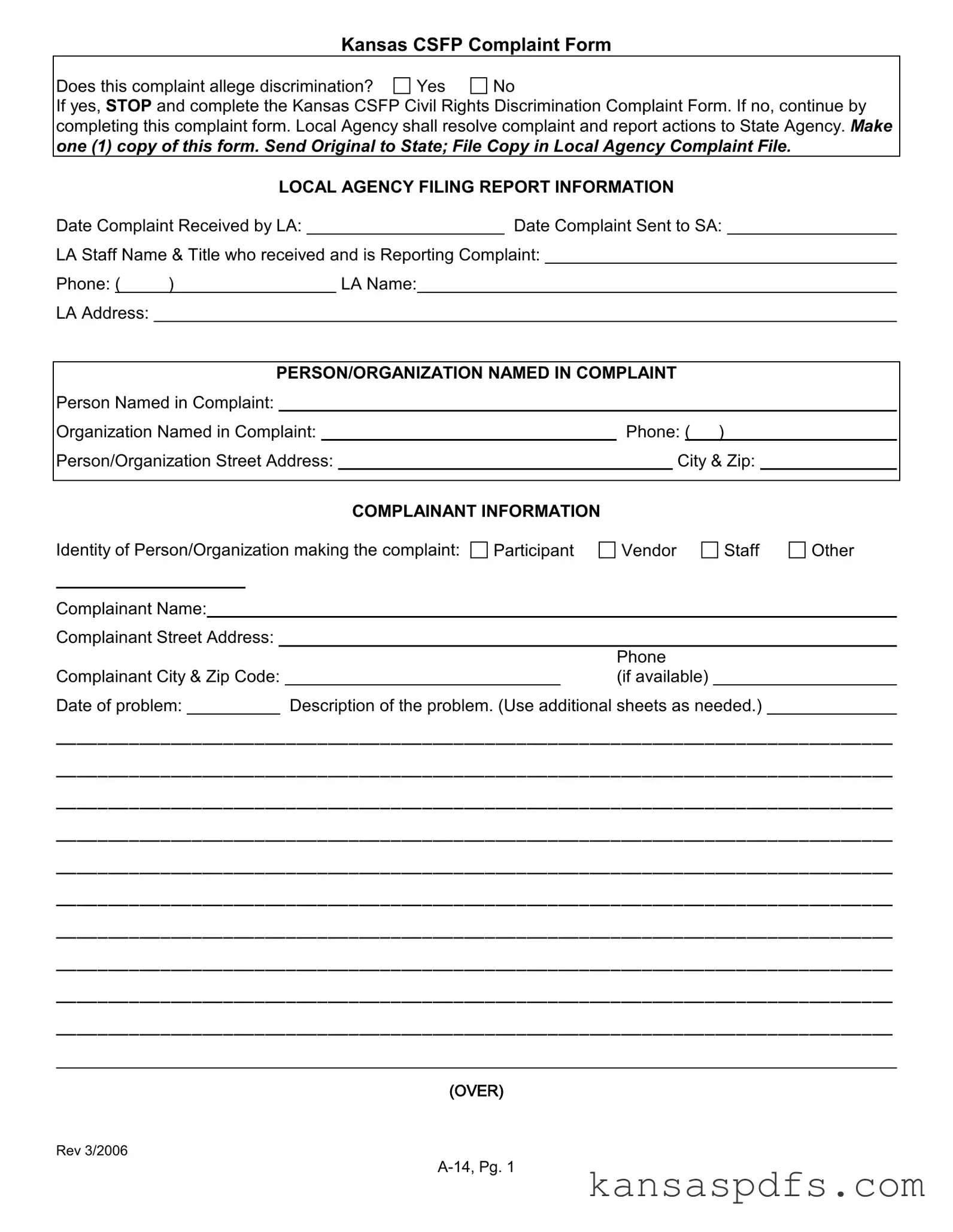 Kansas Csfp Complaint PDF Form