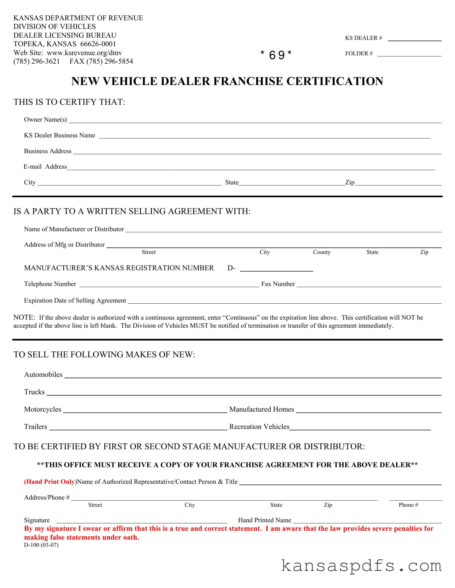 Kansas D 100 PDF Form