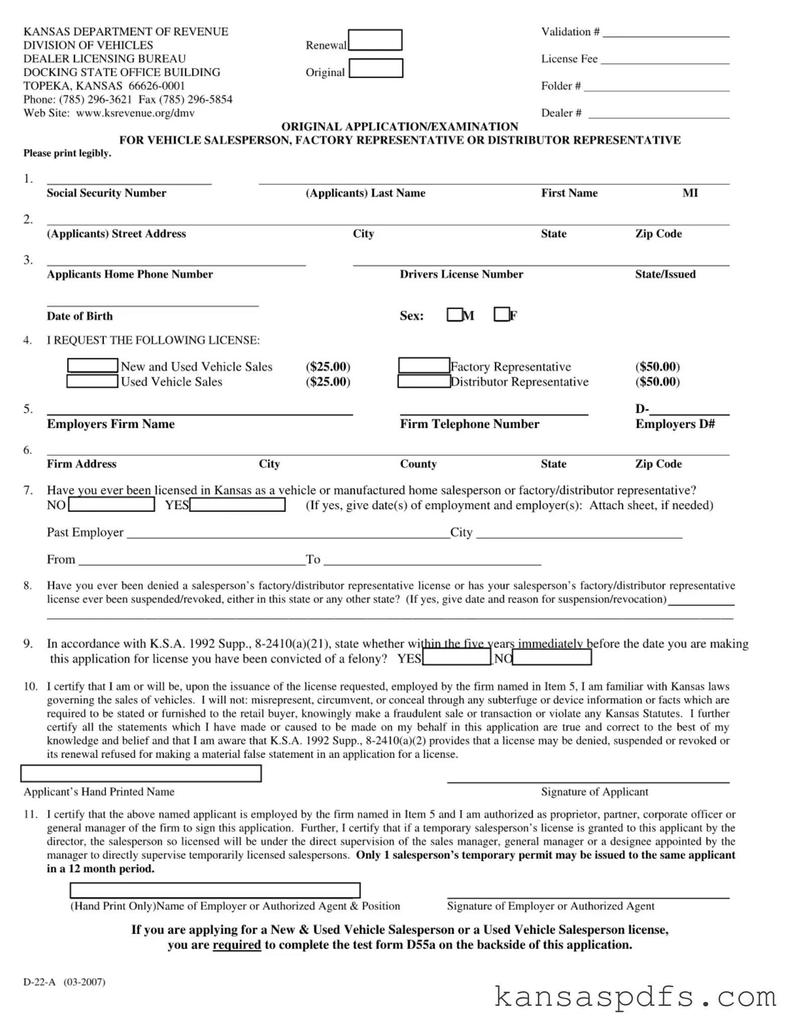 Kansas D 22A PDF Form