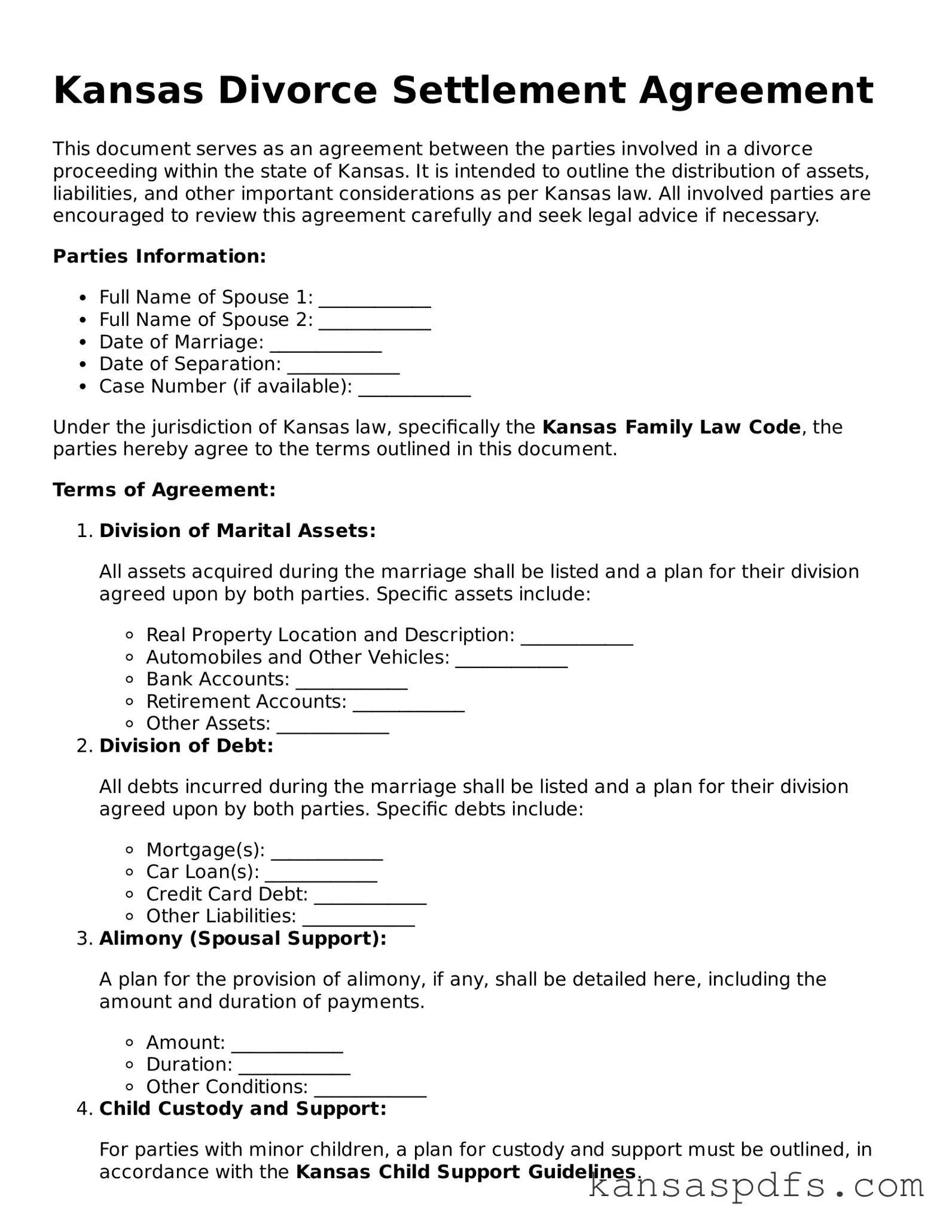 Blank Kansas Divorce Settlement Agreement Document