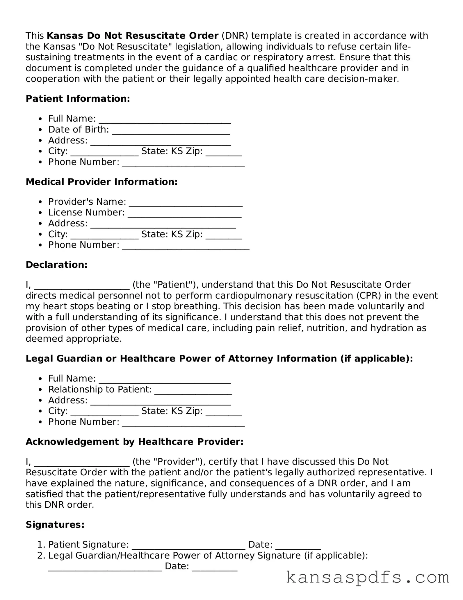 Blank Kansas Do Not Resuscitate Order Document