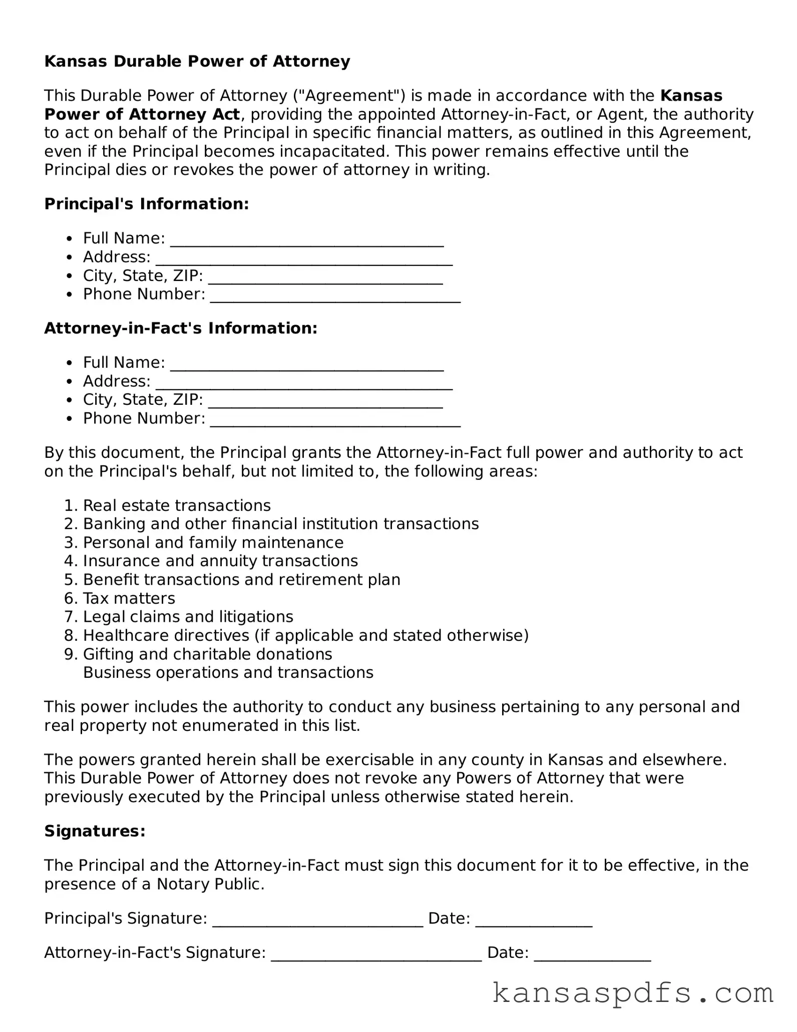 Blank Kansas Durable Power of Attorney Document