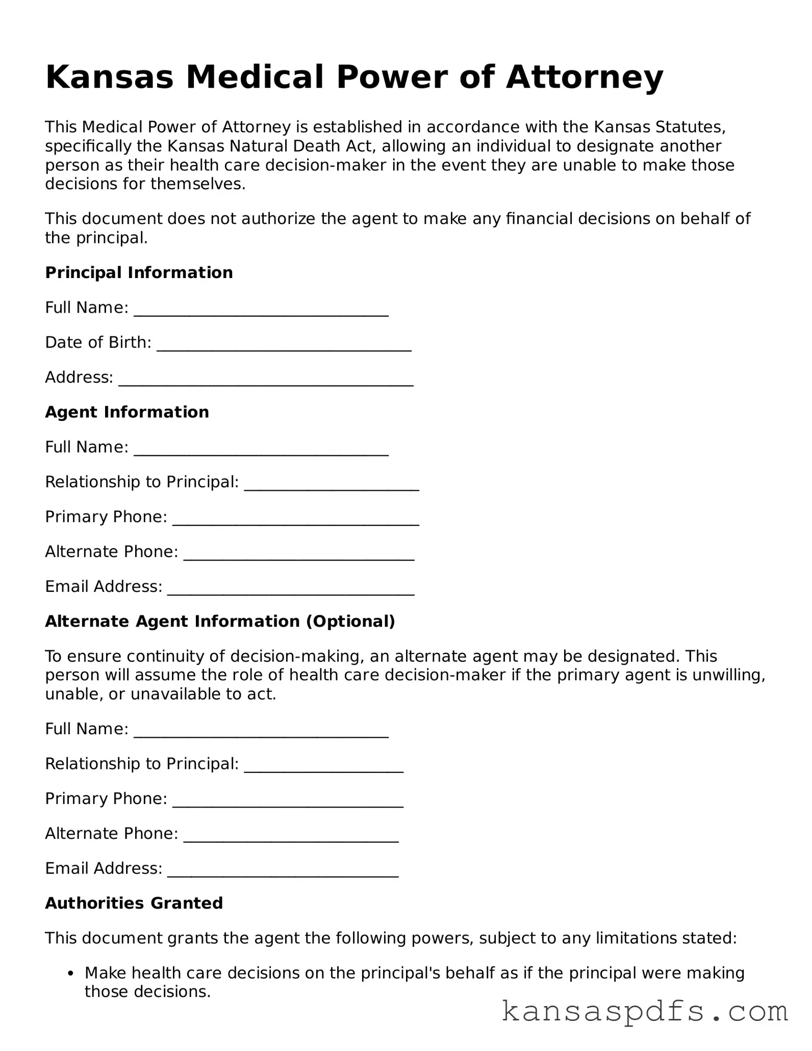 Blank Kansas Medical Power of Attorney Document