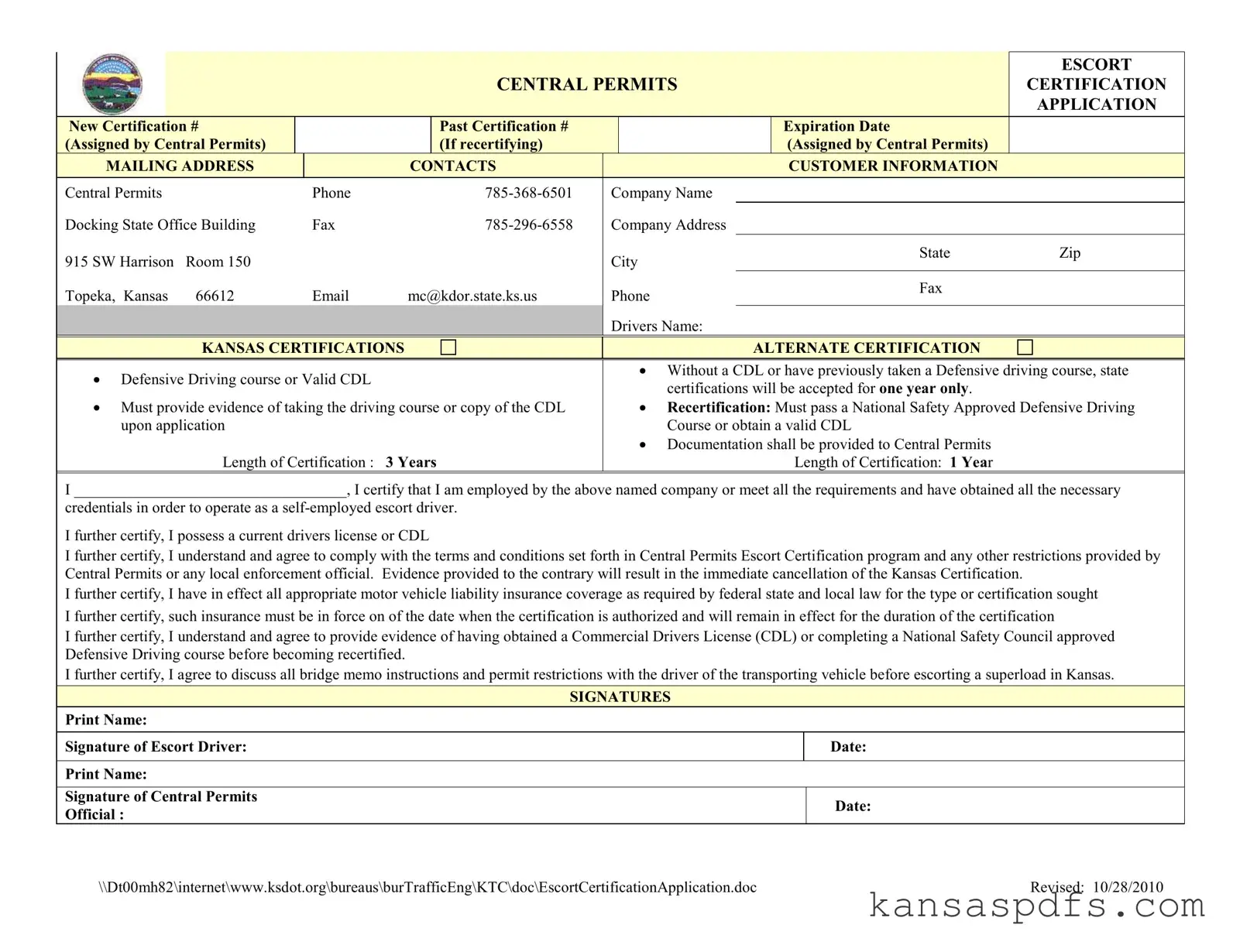 Kansas Escort Certification PDF Form