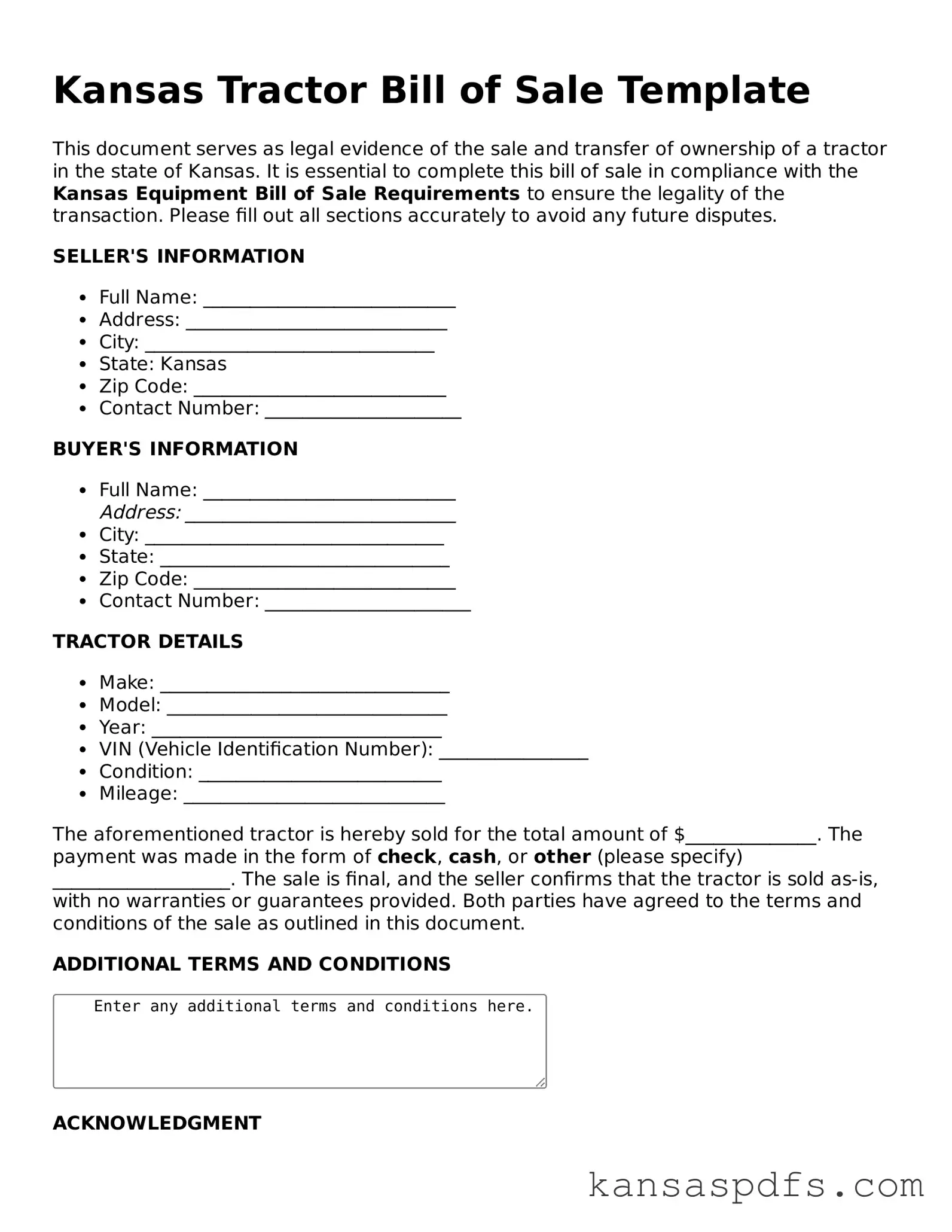 Blank Kansas Tractor Bill of Sale Document