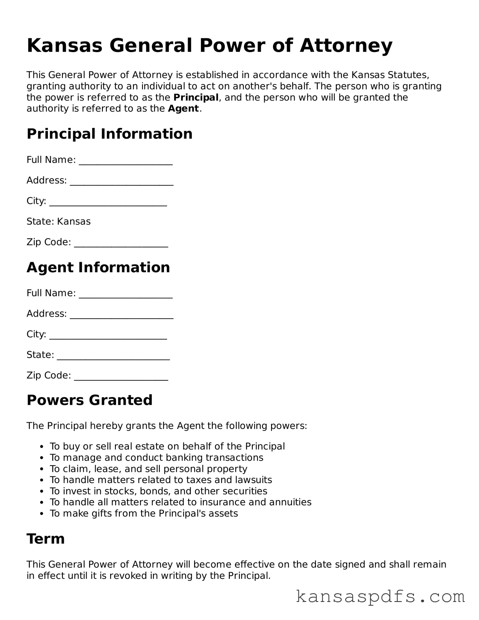 Blank Kansas General Power of Attorney Document