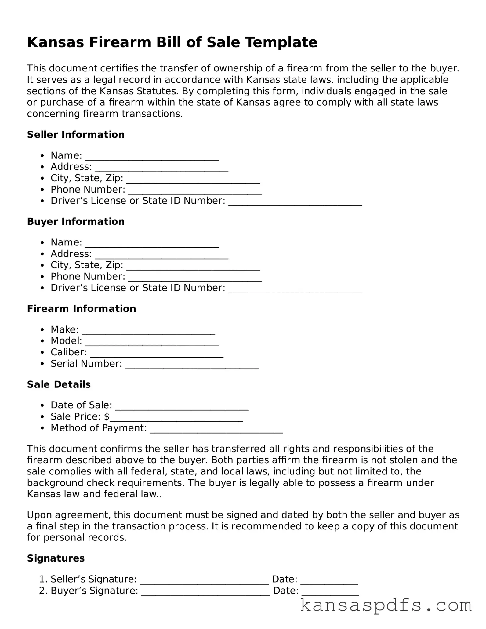 Blank Kansas Firearm Bill of Sale Document