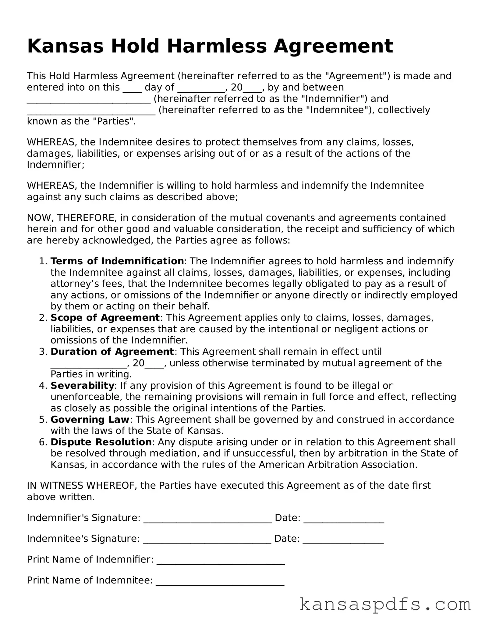 Blank Kansas Hold Harmless Agreement Document
