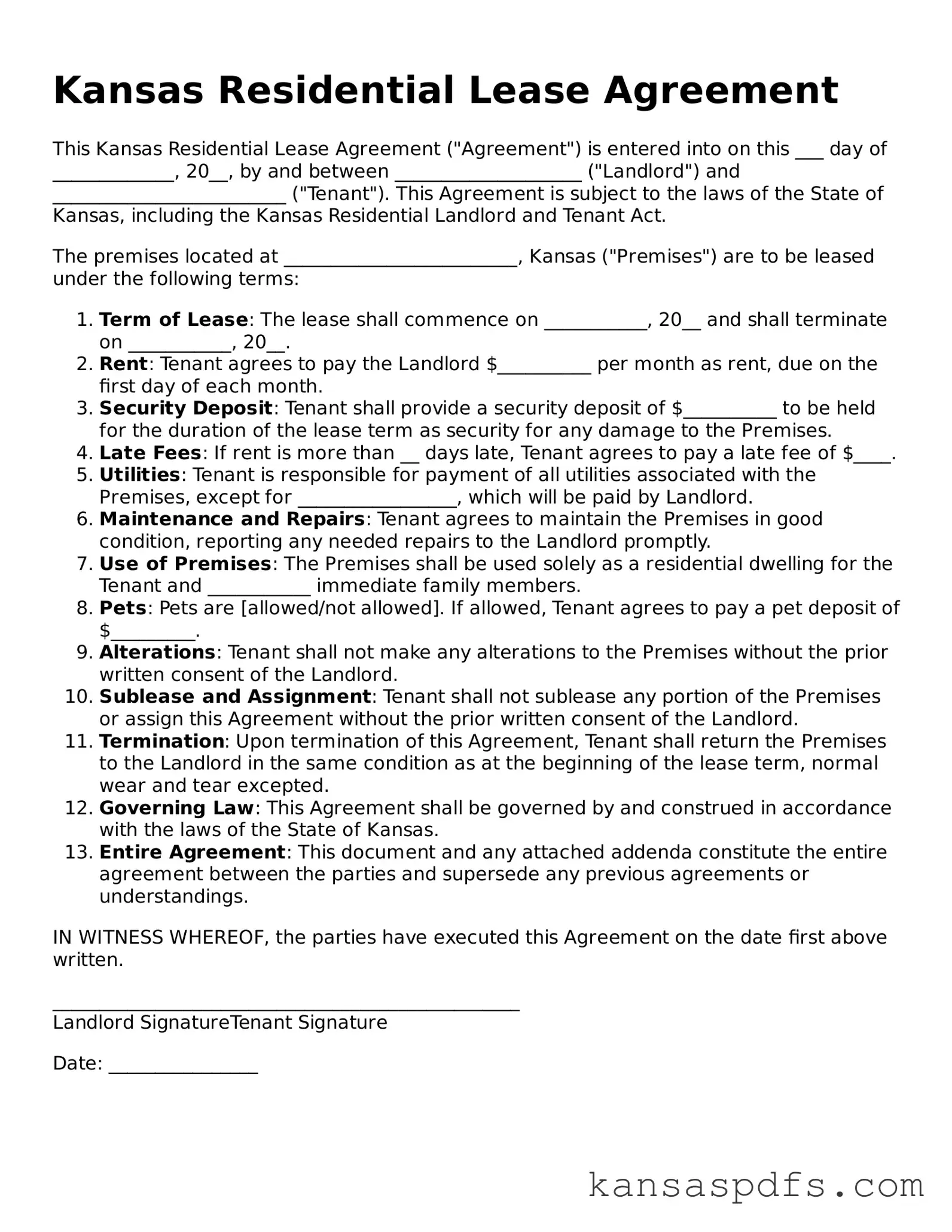 Blank Kansas Residential Lease Agreement Document