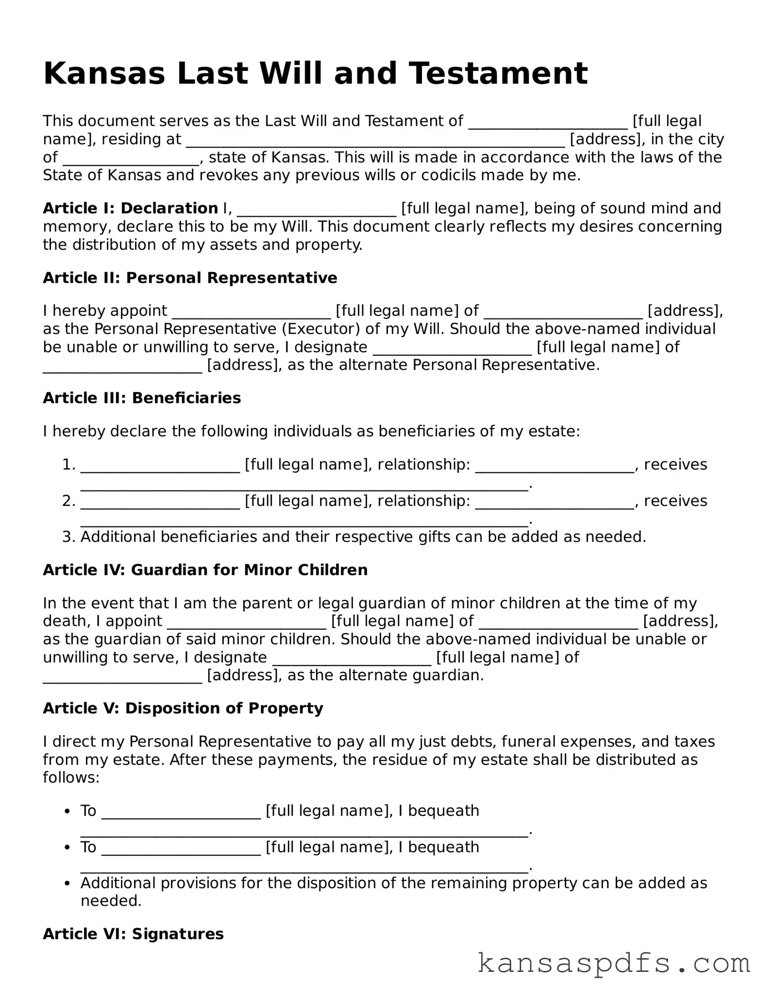 Blank Kansas Last Will and Testament Document