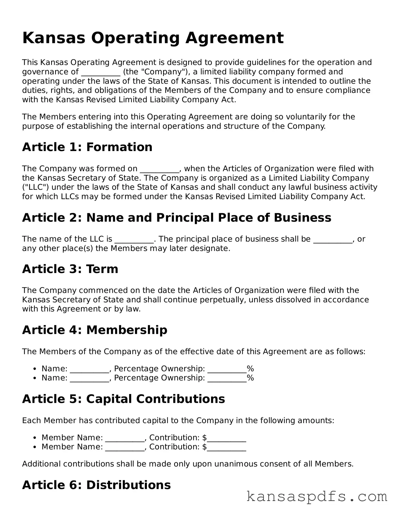 Blank Kansas Operating Agreement Document