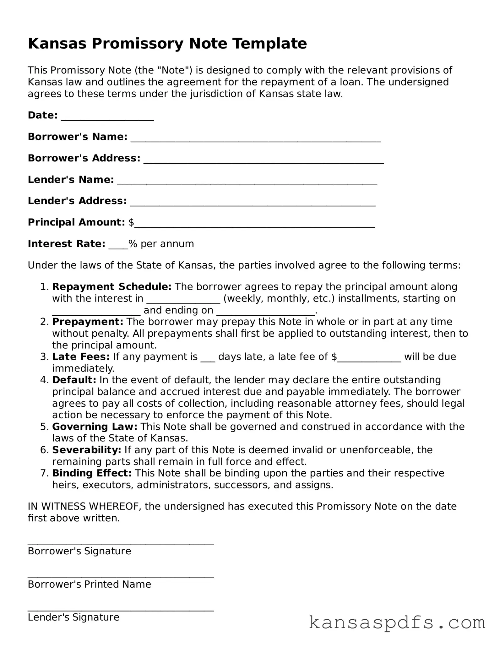 Blank Kansas Promissory Note Document