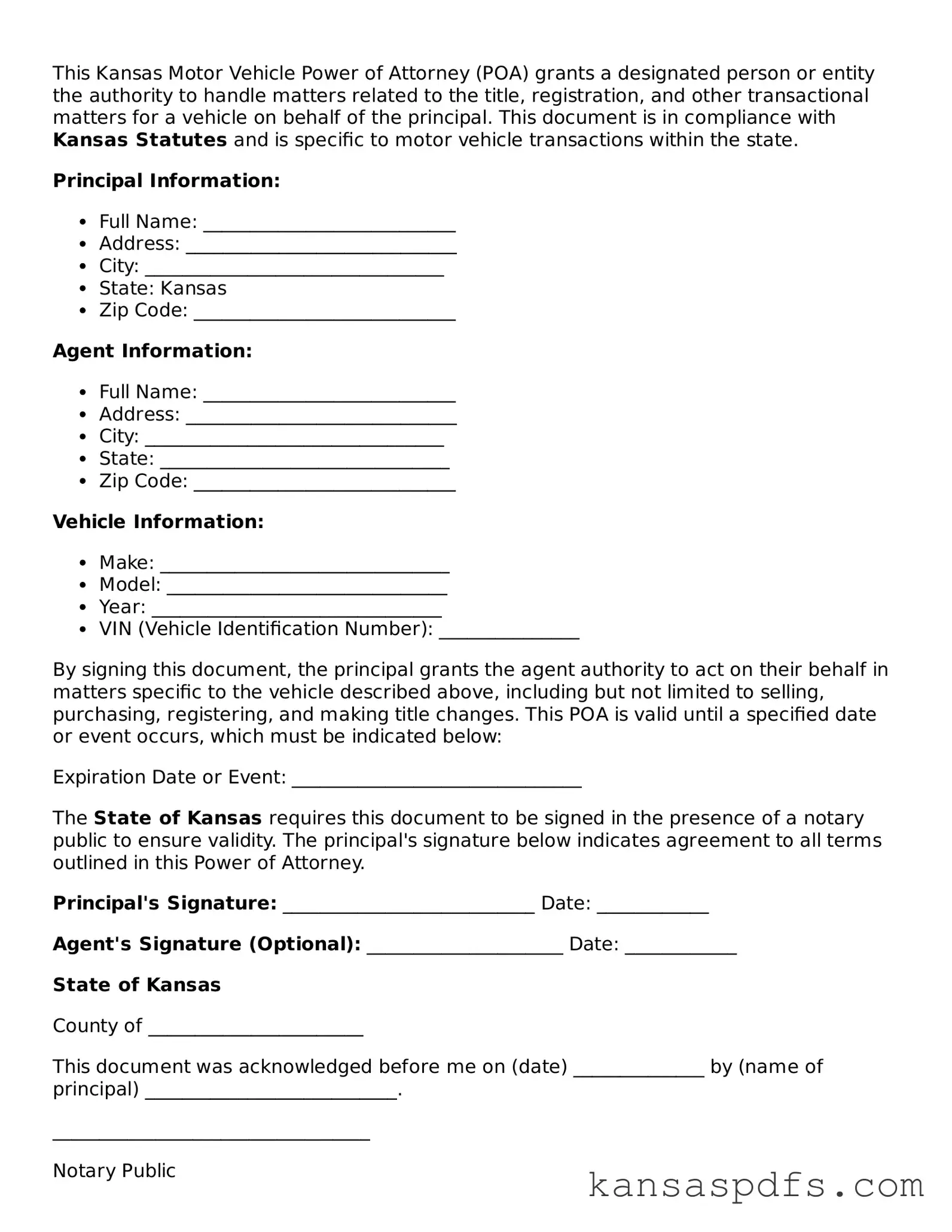 Blank Kansas Motor Vehicle Power of Attorney Document