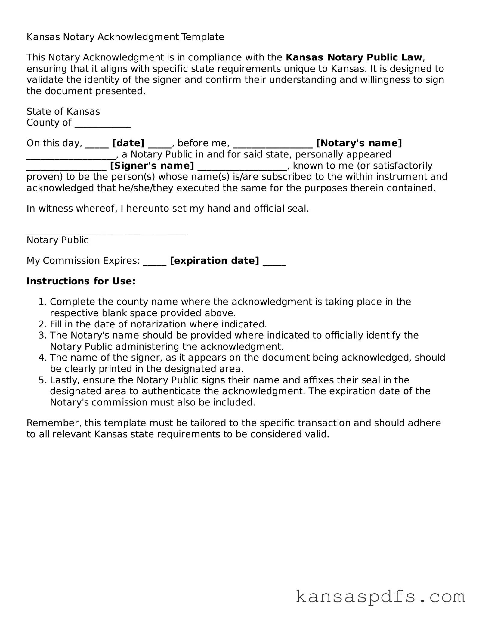 Blank Kansas Notary Acknowledgement Document