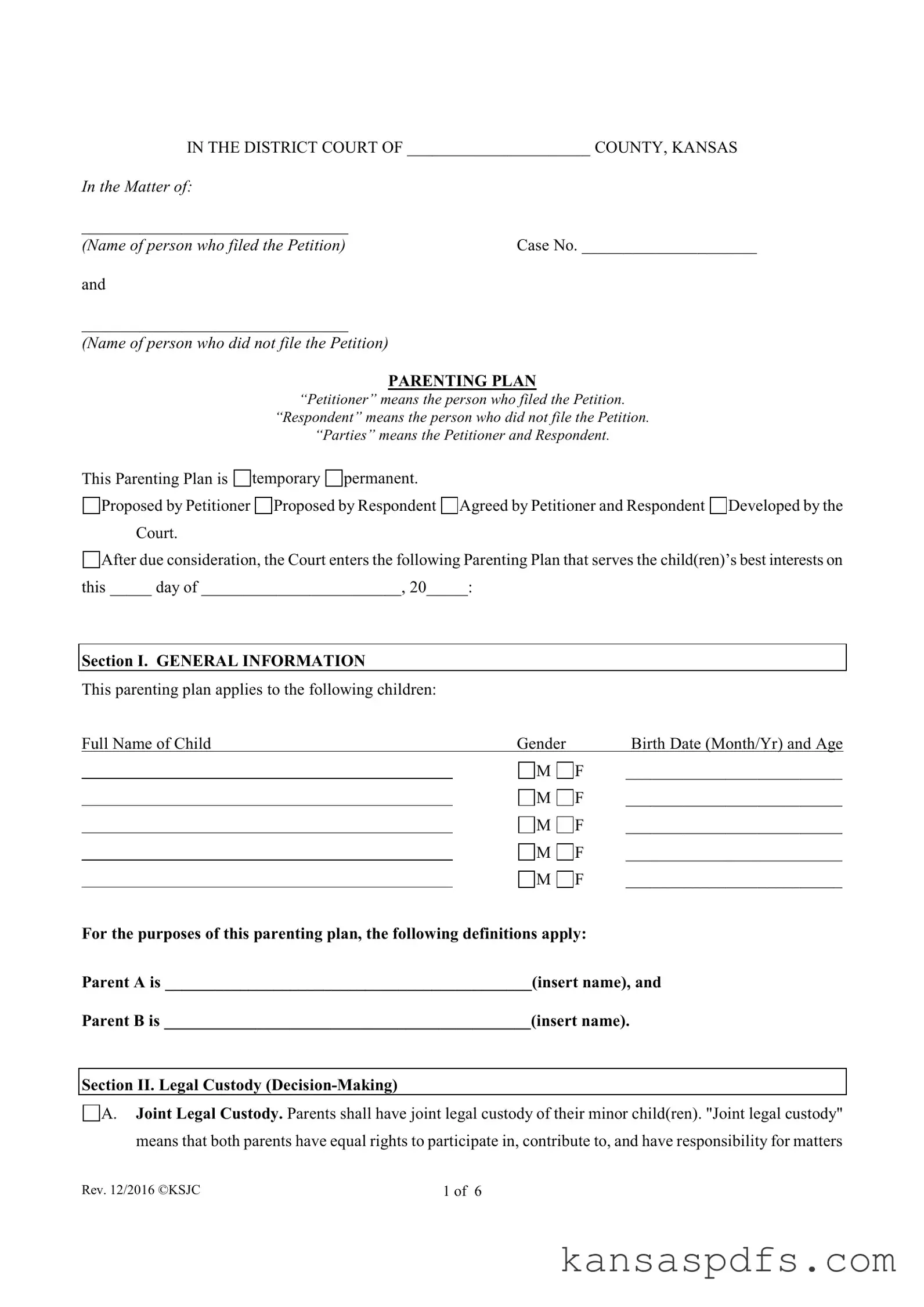 Kansas Parenting Plan PDF Form