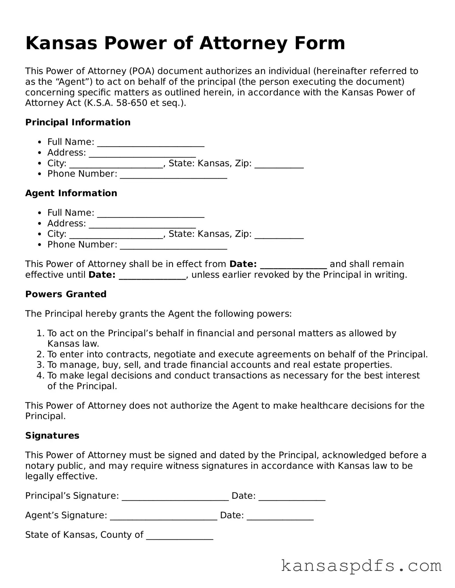 Blank Kansas Power of Attorney Document