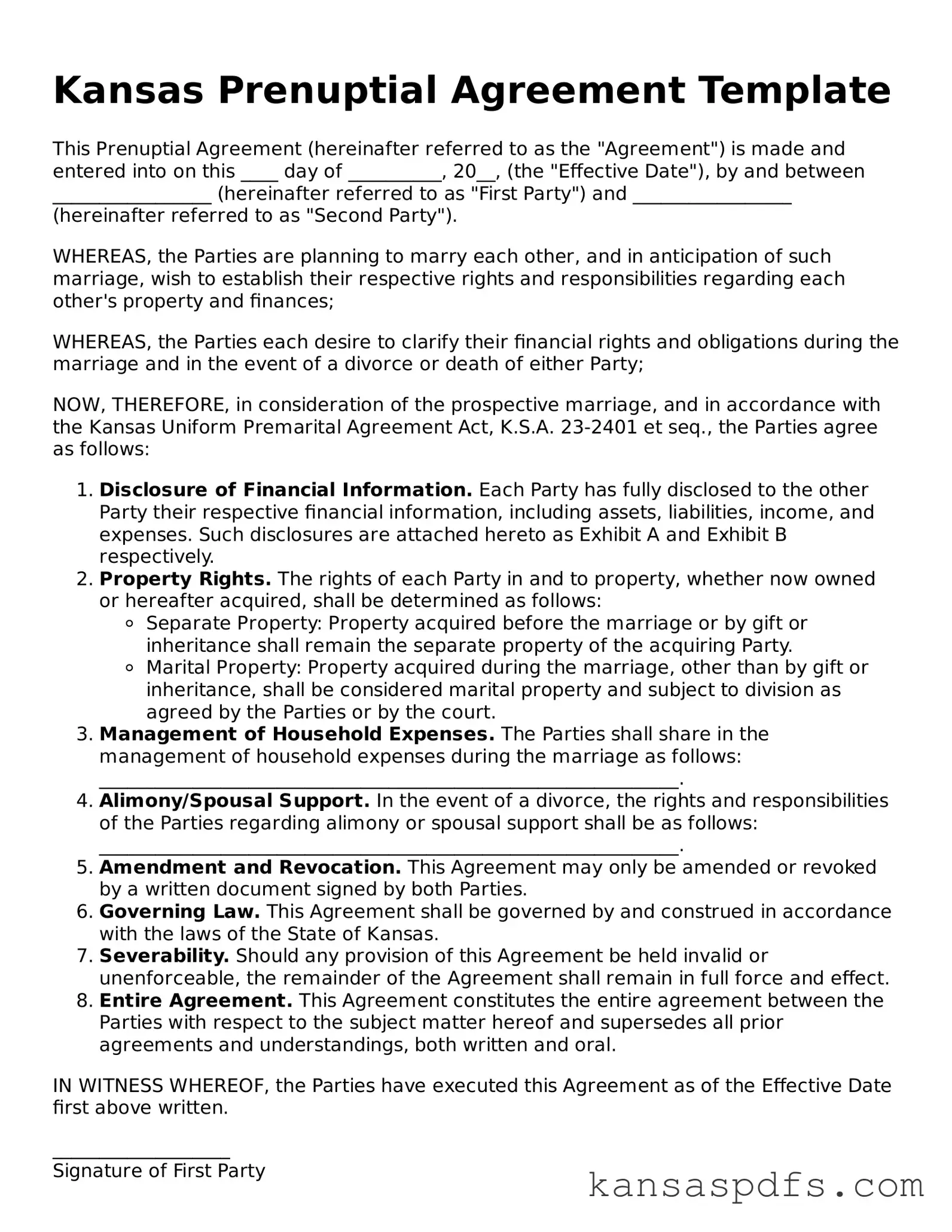 Blank Kansas Prenuptial Agreement Document