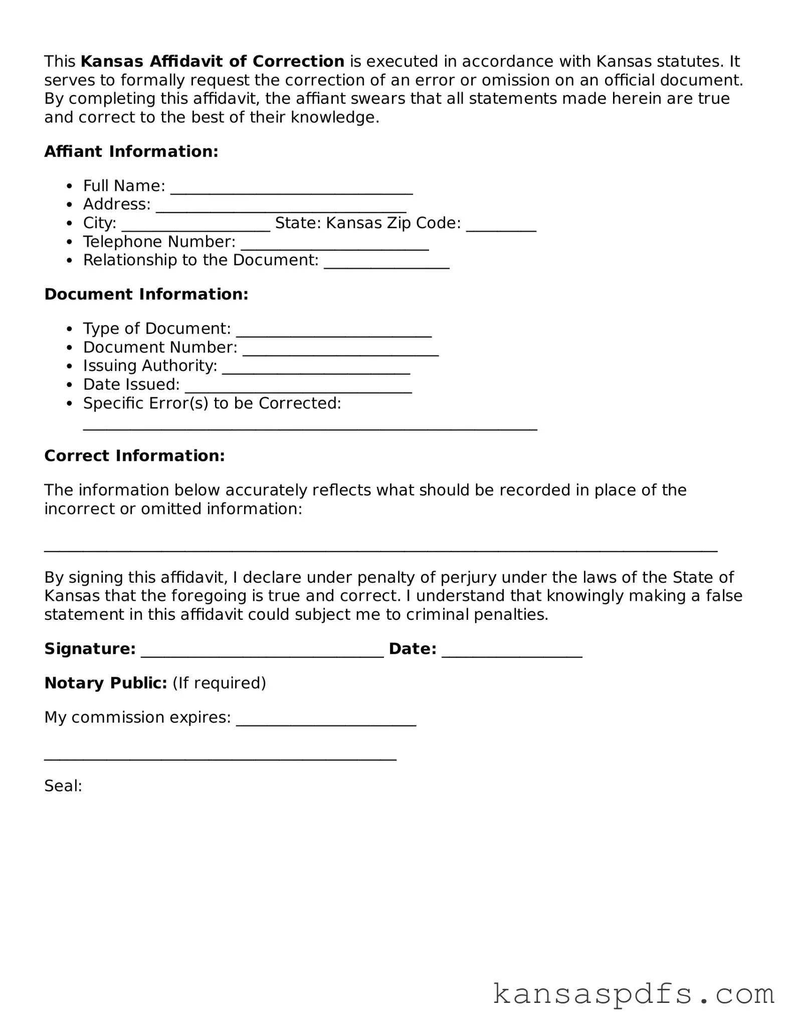 Blank Kansas Affidavit of Correction Document