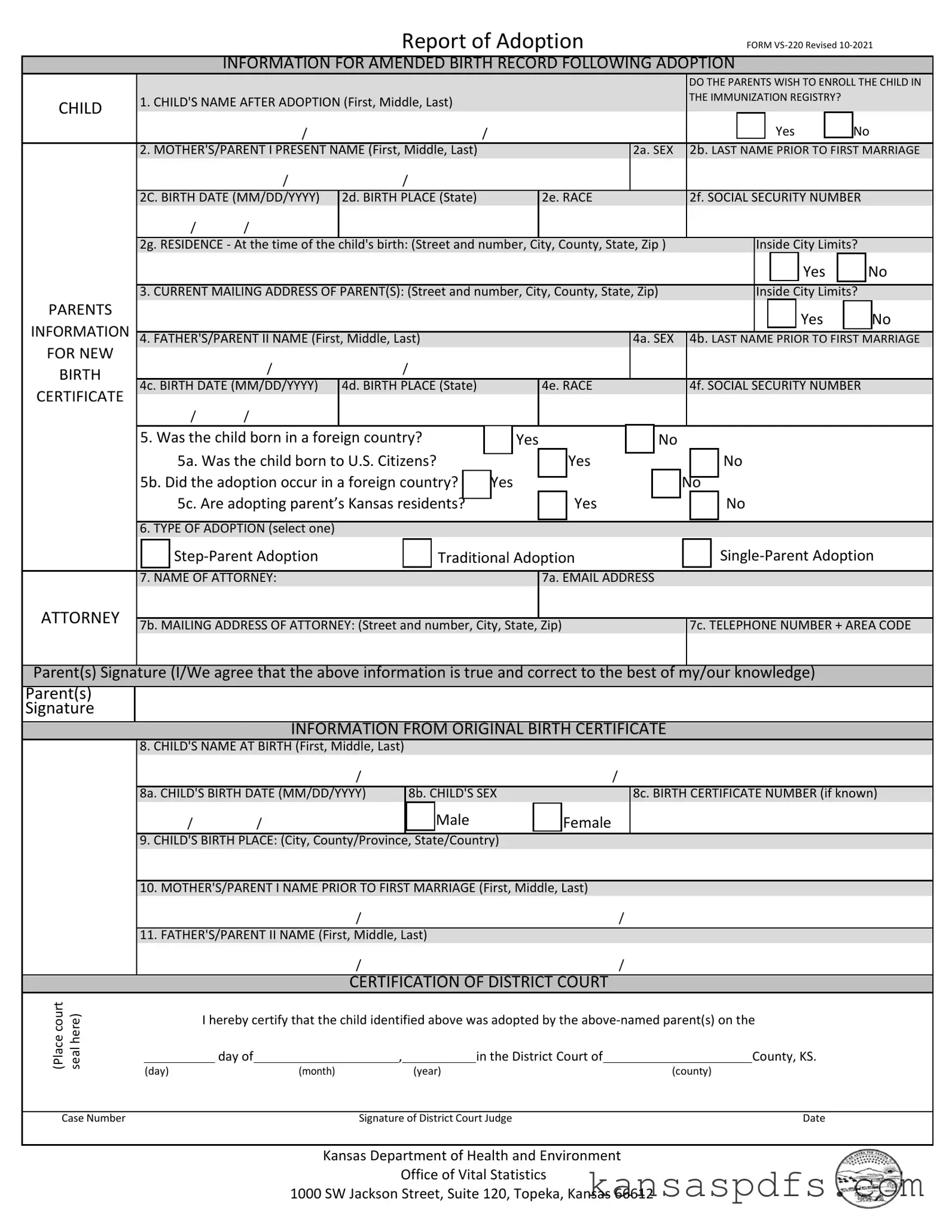 Kansas Report Of Adoption PDF Form