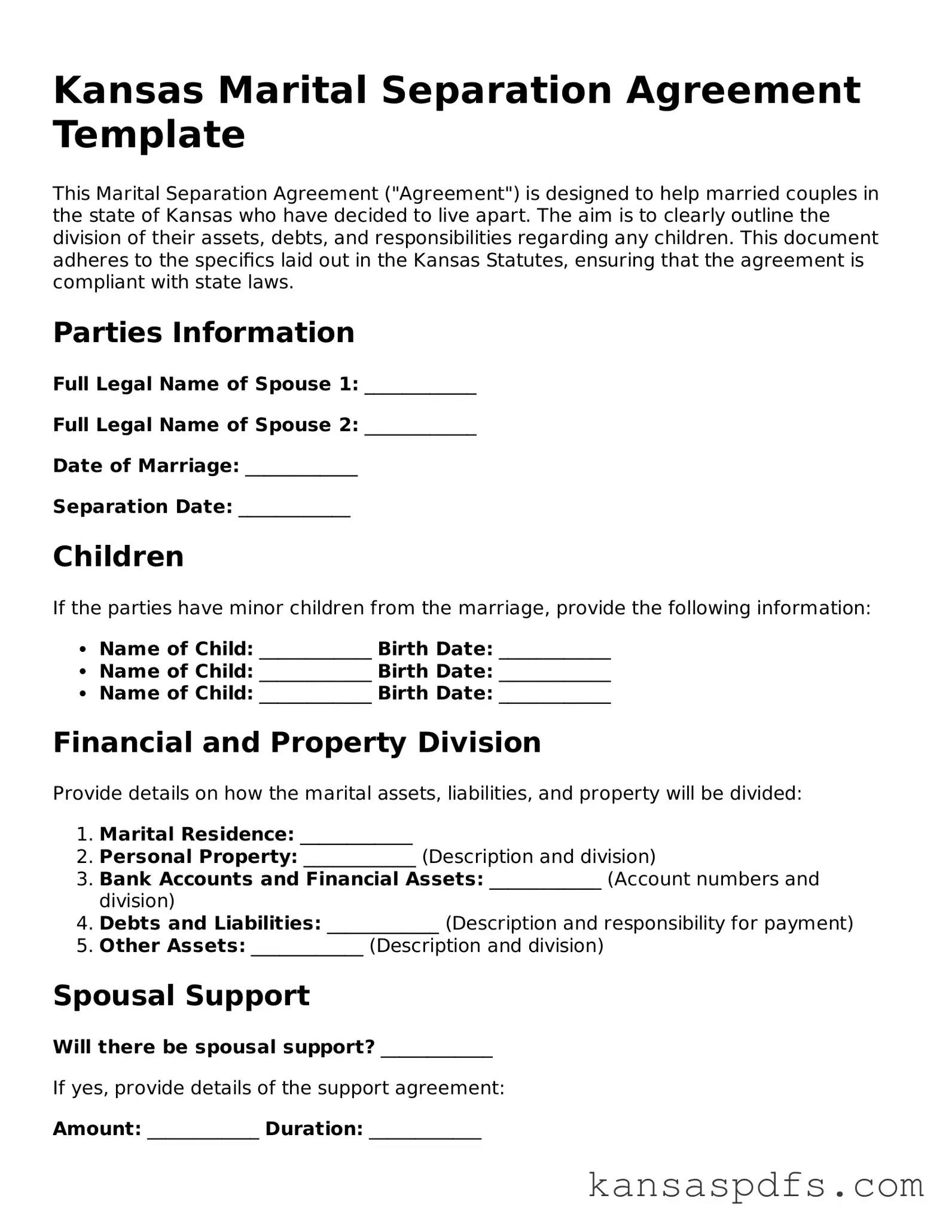 Blank Kansas Marital Separation Agreement Document