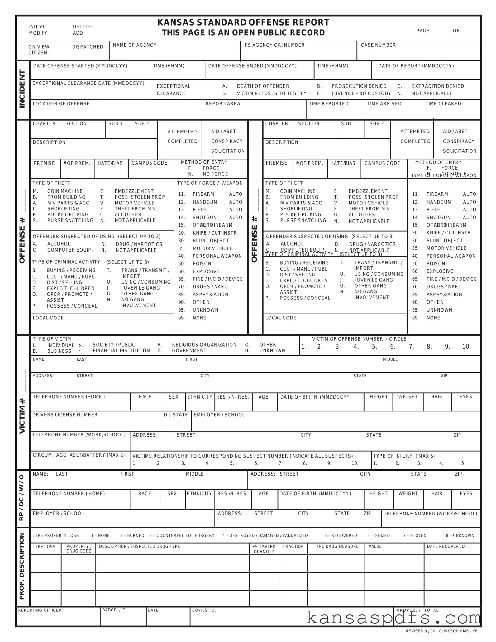 Kansas Standard Offense Report PDF Form