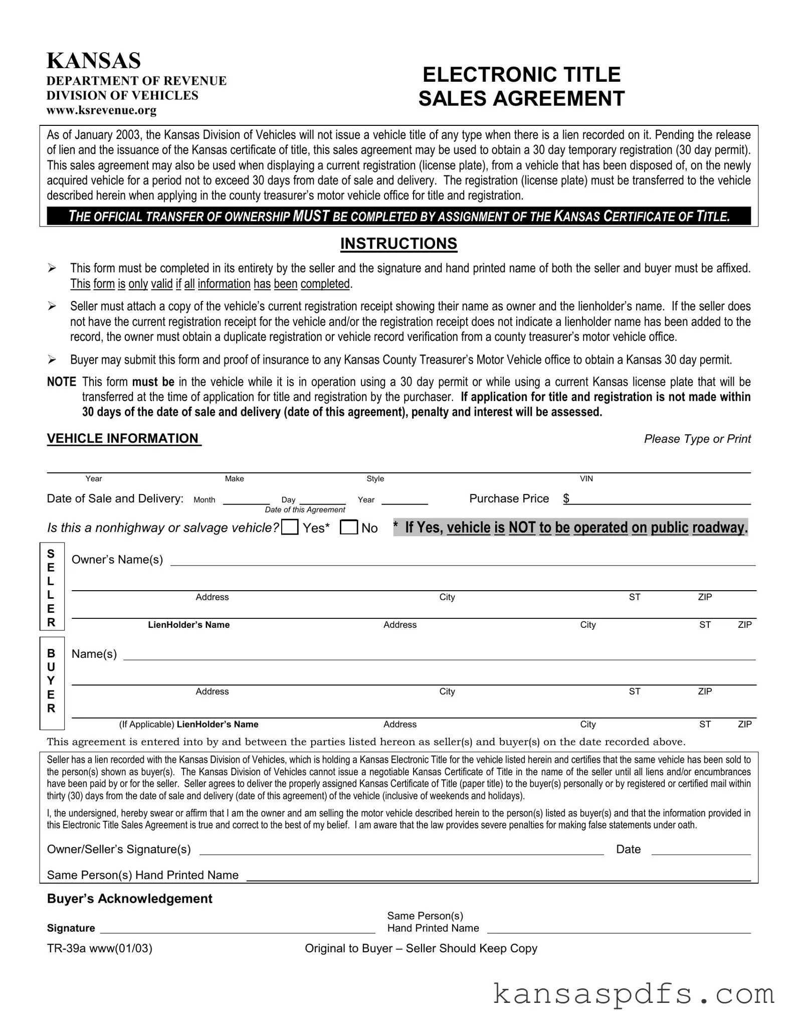 Kansas Tr 39A PDF Form
