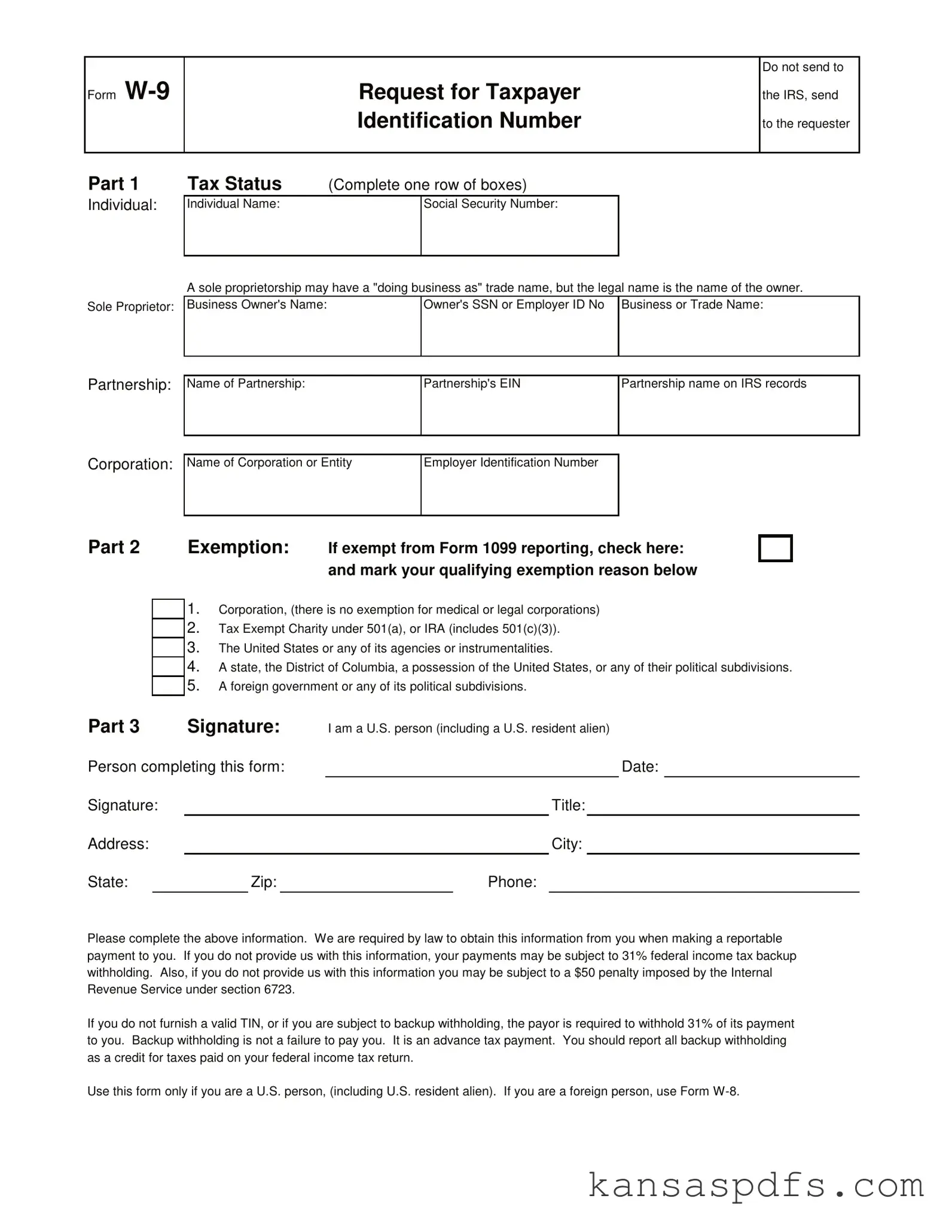 Kansas W 9 PDF Form