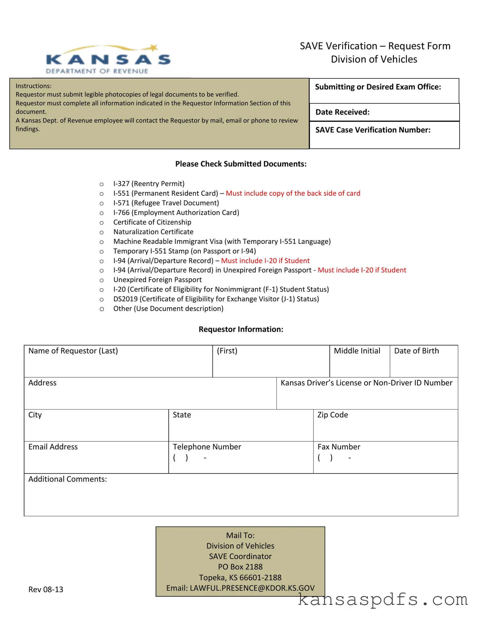 Save Verification Kansas PDF Form