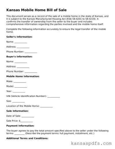 Blank Kansas Mobile Home Bill of Sale Document