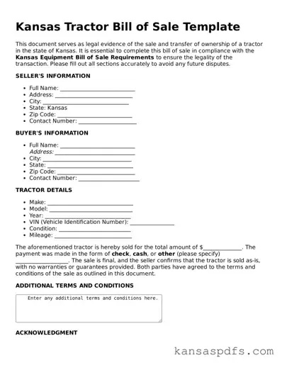 Blank Kansas Tractor Bill of Sale Document