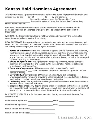 Blank Kansas Hold Harmless Agreement Document