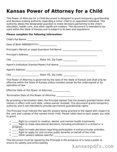 Blank Kansas Power of Attorney for a Child Document